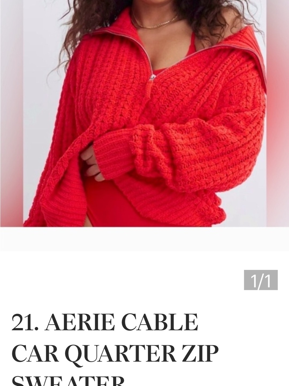 aerie Off-the-Shoulder Cable Knit Quarter Zip Sweater - Red